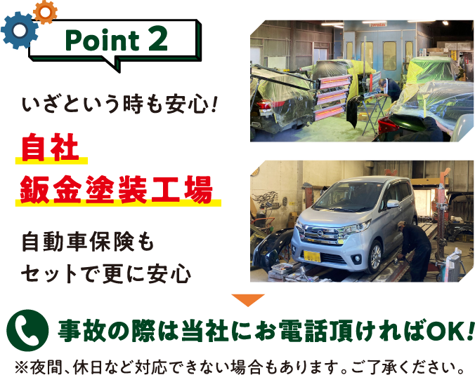 Point 2
いざという時も安心！
自社板金塗装工場

自動車保険もセットで更に安心

事故の際は当社にお電話頂ければOK！
※ 夜間、休日など対応できない場合もあります。ご了承ください。